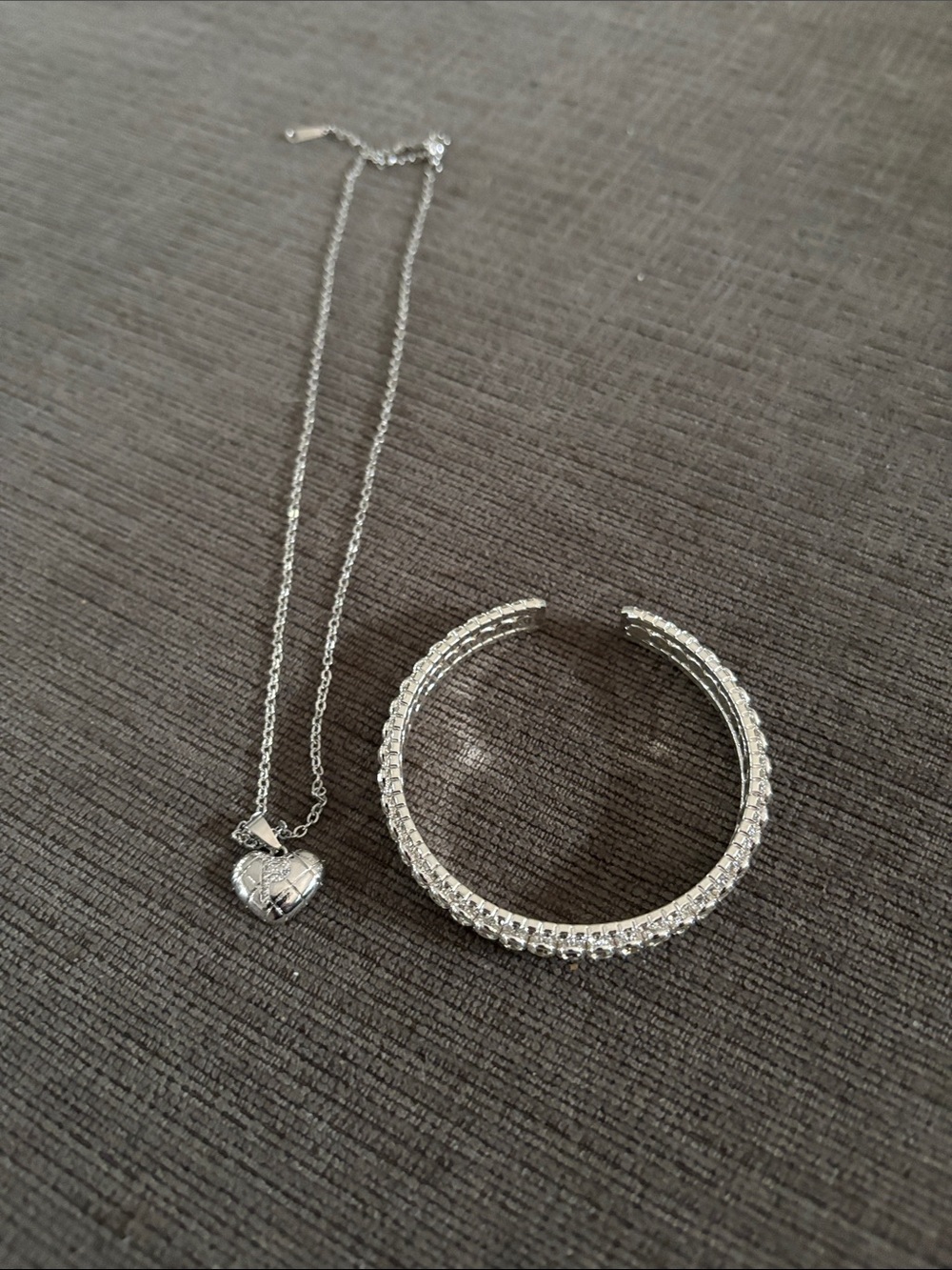 Silver Heart Pendant Necklace and Crystal Bangle Set